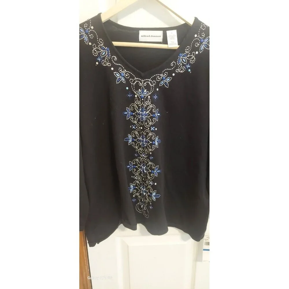 Alfred Dunner‎ Sweater Womens size XL Black Wool Blend Floral Embroidered